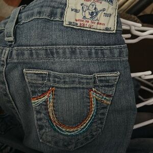 True Religion Boot Cut Jeans Rainbow Stitching Size 26 Made In USA Y2K Low Rise